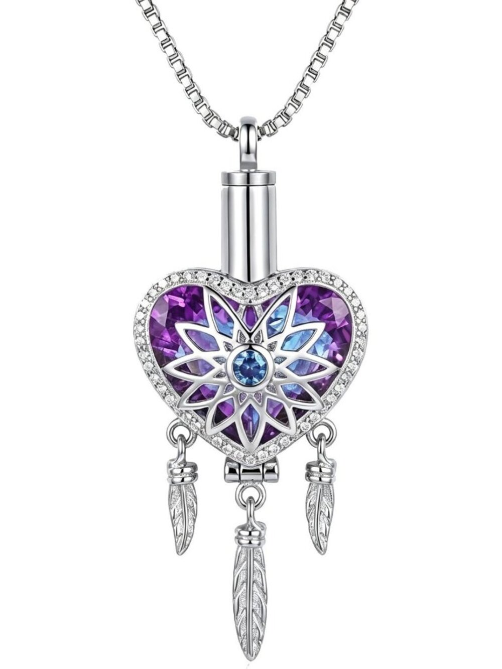 Sterling Silver Urn Necklace for Ashes with Crystals & Dream Catcher Feather